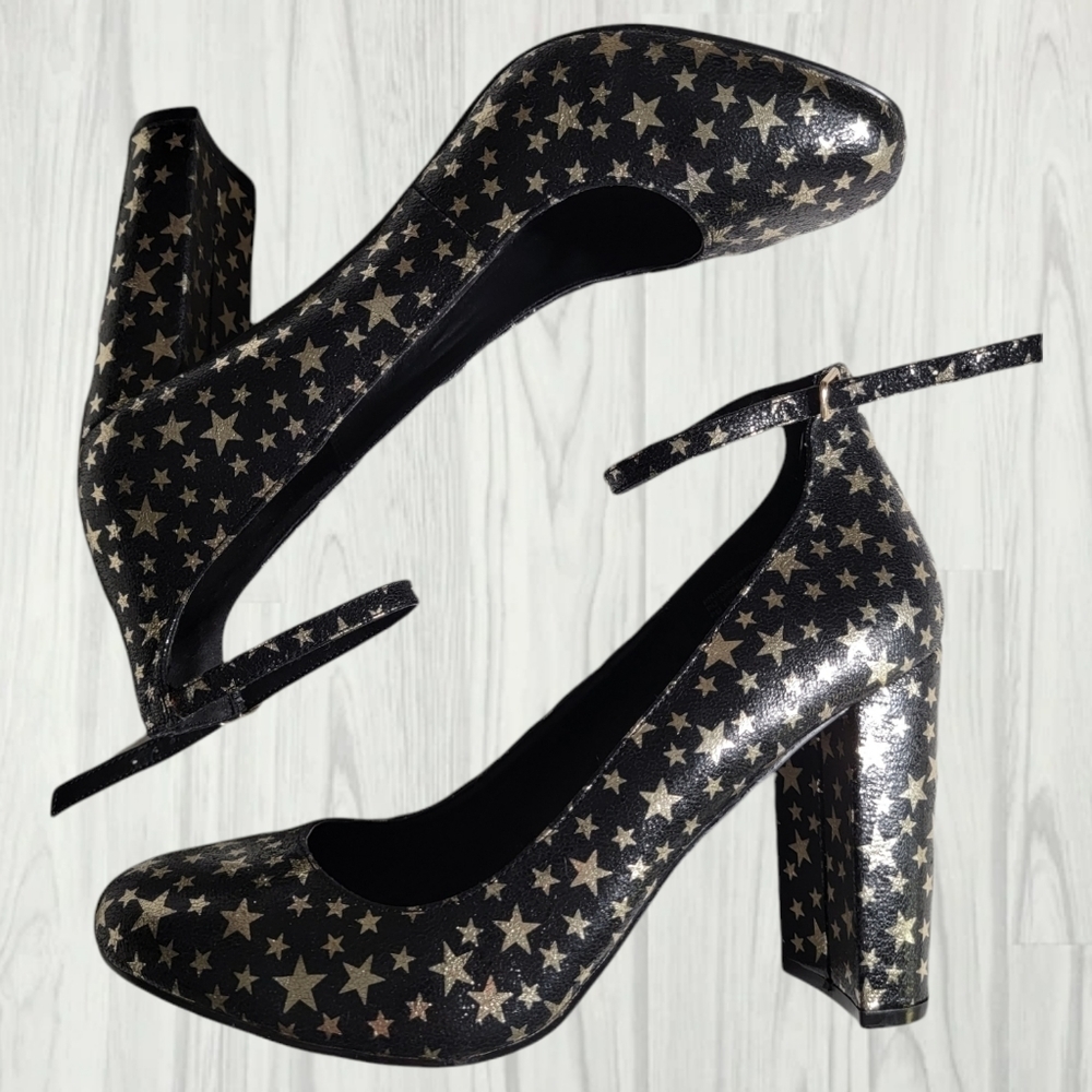 Madden Girl gold Star black thick heels with ankle strap size 11M Womans